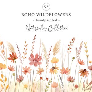 Clipart aquarelle de fleurs sauvages, fleurs sauvages Boho, fleurs séchées, bordures de fleurs sauvages, fleurs sauvages, clipart mariage, téléchargement numérique