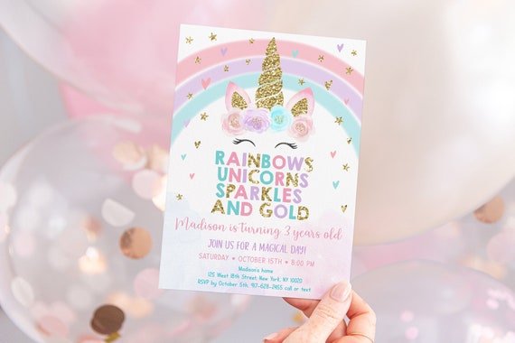 Editable Unicorn Rainbow Birthday Invitation Unicorns Rainbows Sparkles and Gold Invite Pastel Floral Unicorn Party Digital Download A582 Il_570xn