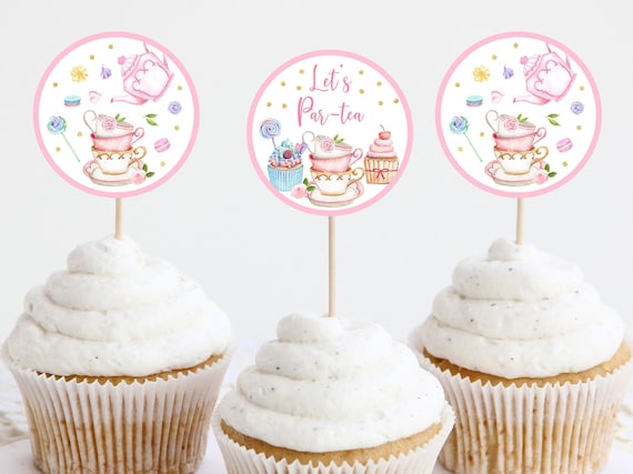 Tea Party Birthday Cupcake Toppers Let's Par-tea Pink Gold Floral