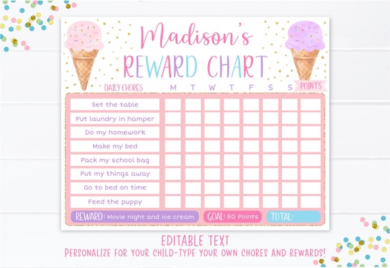 Editable Ice Cream Reward Chart, Ice Cream Behavior Chart, Rainbow Ice Cream, Girls Reward Chart, Chore Chart, Printable, Digital A611 Il_570xn