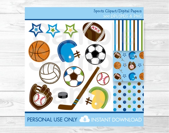 Cute Sports Clipart / Sports Baby Shower / Sports Pattern / Football / Baseball / Basketball / Soccer / PERSONAL USE instant download A274 Il_570xn