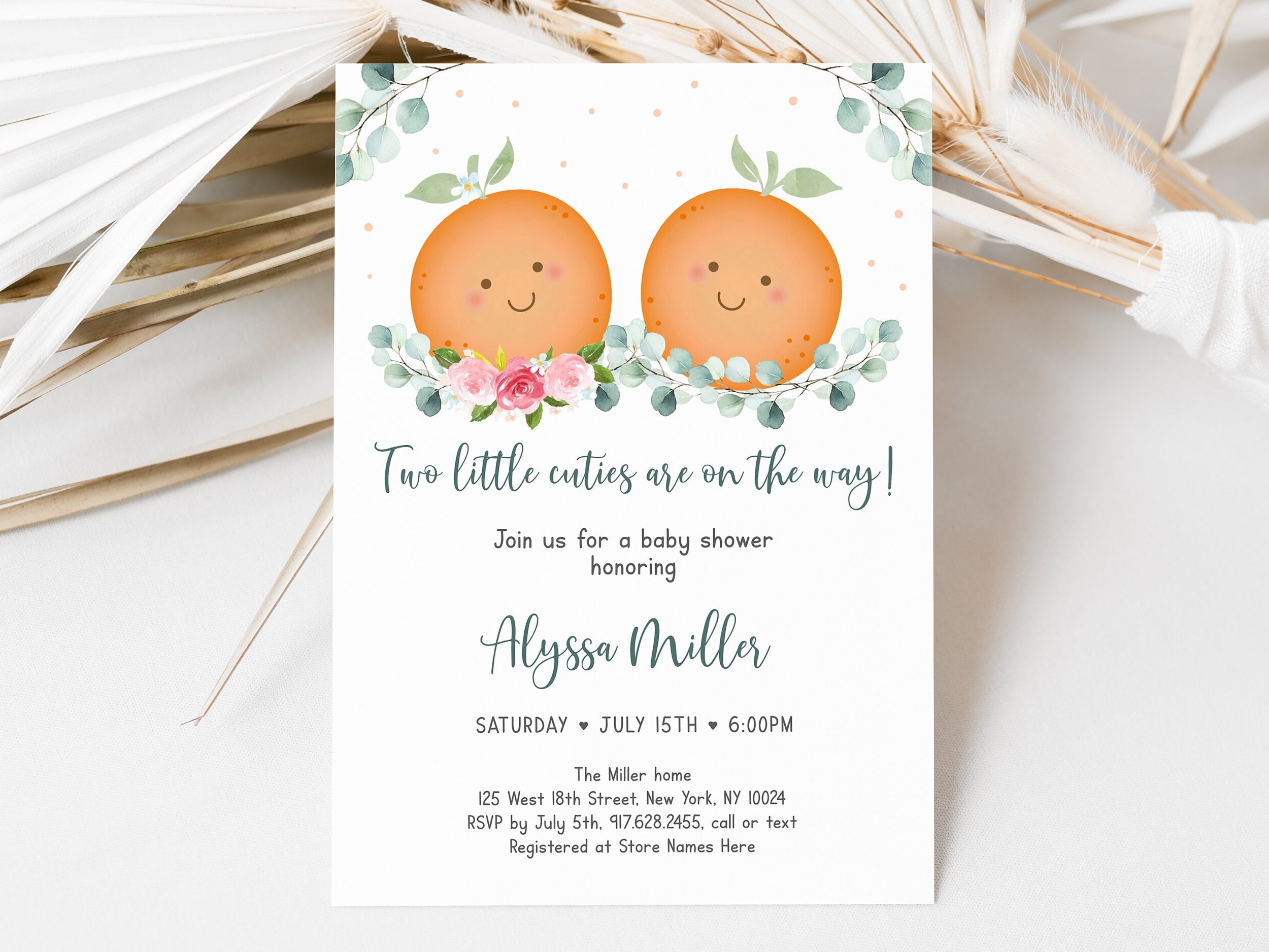 Editable Little Cutie Baby Shower Invitation Twin Little Cuties on the way Twin Baby Shower Boy Girl Clementine Summer