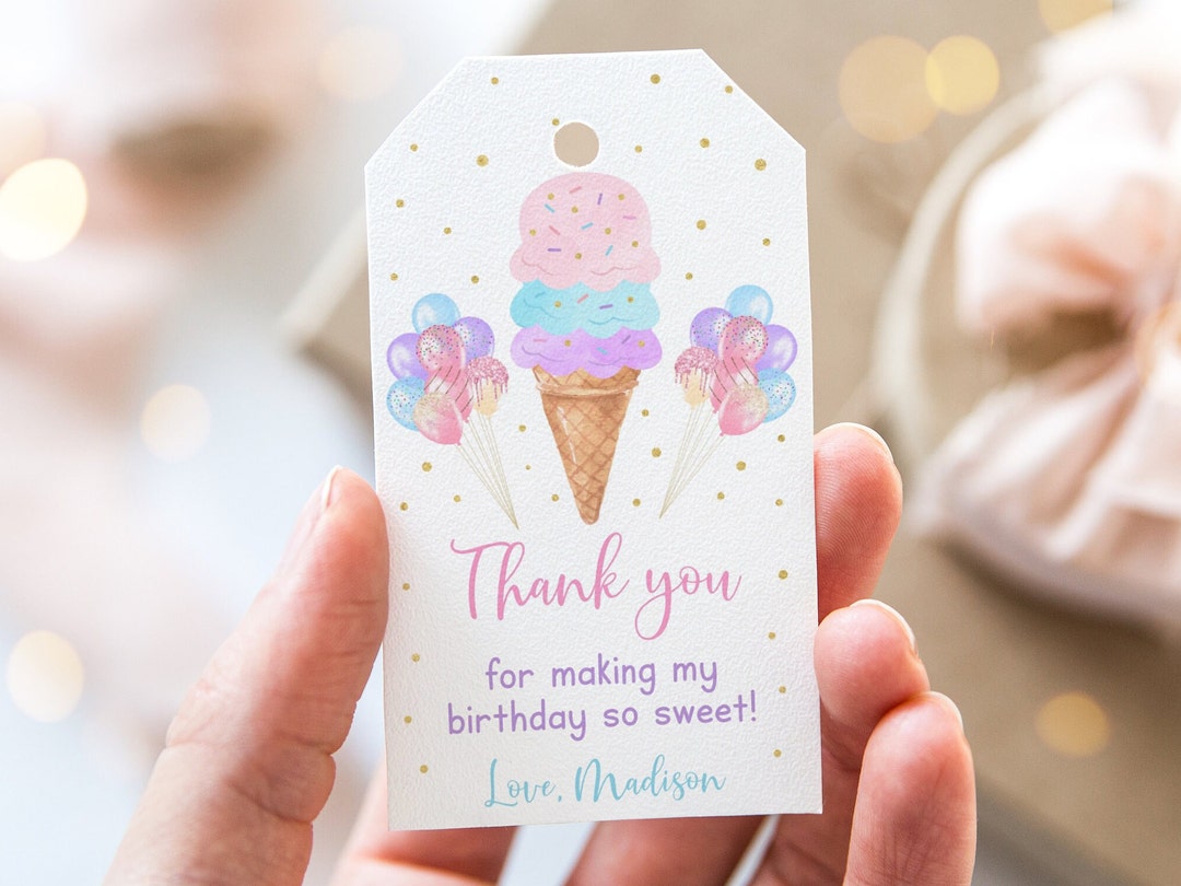 Editable Ice Cream Birthday Thank You Tags Favor Tags Rainbow Ice Cream ...