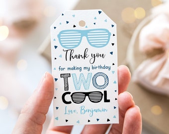 Editable Two Cool Birthday Thank You Tags, Favor Tags, Boy Summer Birthday, Sunglasses, Pool Party, Digital Download A538