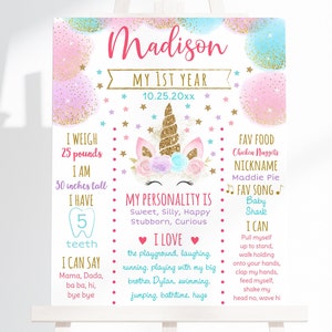 May include: A pink and blue first birthday milestone poster with a unicorn illustration. The poster includes the name "Madison", the date "10.25.20xX", and details about the child's first year, including weight, height, favorite foods, and personality traits.