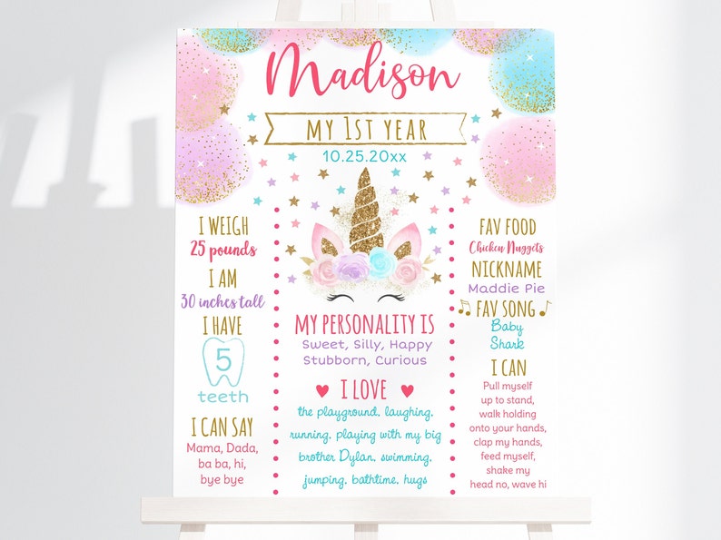 May include: A pink and blue first birthday milestone poster with a unicorn illustration. The poster includes the name "Madison", the date "10.25.20xX", and details about the child's first year, including weight, height, favorite foods, and personality traits.