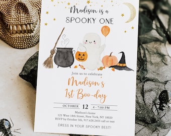 Editable Spooky One Ghost Birthday Invitation Ghost First Birthday Invite Boy Girl Pumpkin Moon Stars Halloween Party Digital Download A702