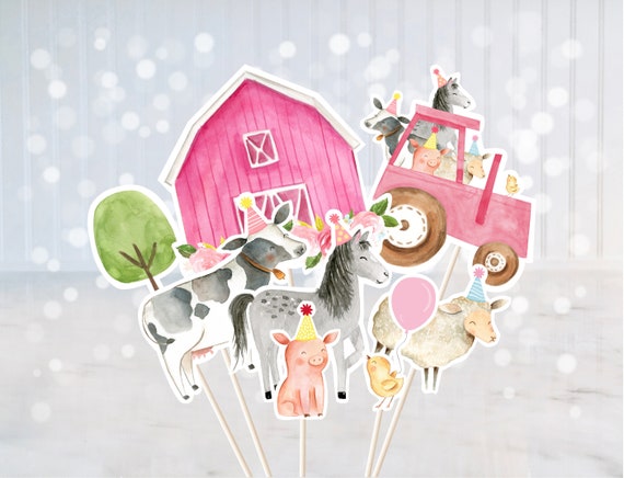 Pink Farm Birthday Centerpiece Cake Toppers Cut Outs Farm Animal Barnyard Birthday Girl Farm Decor Digital Printable Instant Download A510 Il_570xn
