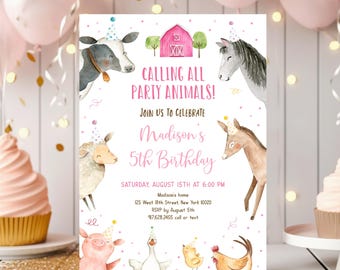Editable Pink Farm Birthday Invitation Party Animals Birthday Invite Farm Animals Barnyard Girl Farm Party Printable Digital Download A716