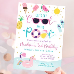 Editable Pool Party Birthday Invitation Girls Pool Party Let's Get Cool Ice Cream Watermelon Pineapple Printable Instant Download Corjl A533