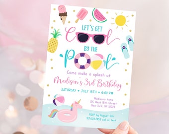 Editable Pool Party Birthday Invitation Girls Pool Party Let's Get Cool Ice Cream Watermelon Pineapple Printable Instant Download Corjl A533