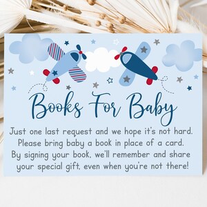 Vliegtuig boek aanvraagkaarten vliegtuig babyshower jongen babyshower sterren wolken boeken voor baby afdrukbare digitale Instant Download A566
