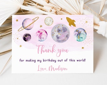 Editable Space Birthday Thank You Card Out Of This World Pink Gold Galaxy Birthday Planets Outer Space Rocket Ship Digital Download A631