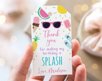 May include: White thank you tag with a pink and green watermelon, ice cream cone, sunglasses, popsicle, pineapple, and flip flops. The text reads "Thank you for making my birthday a SPLASH Love, Maadiison".