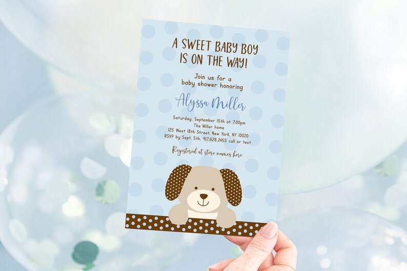 May include: A blue and brown baby shower invitation with white polka dots. The invitation says "A Sweet Baby Boy Is On The Way!" and includes the text "Join us for a baby shower honouring Alyssa Miller".