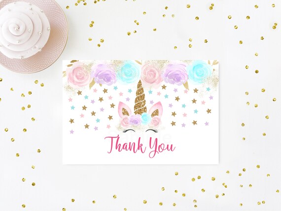 Unicorn Baby Shower Thank You Card Pink & Gold Unicorn Floral Unicorn Gold Glitter Unicorn Printable Digital Instant Download A450 Il_570xn