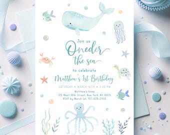 Under the Sea Birthday Invitation, Oneder the Sea 1st Birthday, Blue Boy Sea Animals, Watercolor Whale Turtle Ocean, Editable Template A725