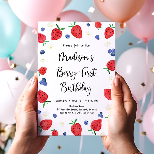 Editable Strawberry Blueberry Birthday Invitation Berry First Birthday Invite Strawberry Picking Farmers Market Digital Download A701