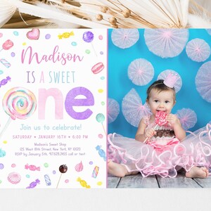 May include: A pink and purple birthday invitation with a candy theme. The invitation reads "Madison is a sweet one" and features a photo of a baby girl holding a lollipop. The invitation includes details for the party, including the date, time, and location.