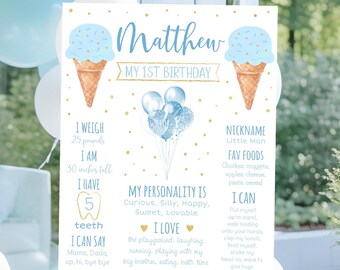 Editable Ice Cream Birthday Milestone Sign Ice Cream First Birthday Blue Gold Balloon Boy Ice Cream Party Digital Download A611