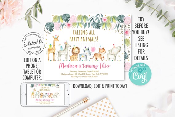 EDITABLE Party Animals Birthday Invitation Girl Pink and Gold Safari Animals Zoo Animals Digital Printable Instant Download Template A517 Il_570xn