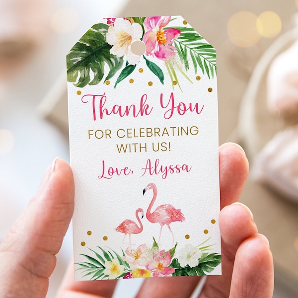 Editable Flamingo Thank You Tags Favor Tags Flamingo Baby Shower Pink & Gold Tropical Floral Baby Girl Printable Instant Download A454