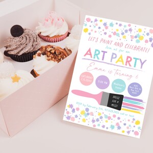 May include: A colorful invitation for an art party with paint splatters and a paintbrush. The invitation says "Let's paint and celebrate! Join us for an art party. Emma is turning 6." It includes the date, time, and address for the party. It also says "Dress for a mess!"