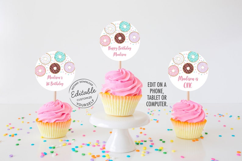 EDITABLE Donut Birthday Cupcake Toppers Donut Party Donut Etsy
