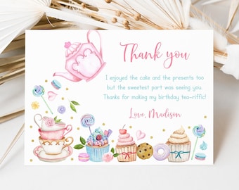 Editable Tea Party Birthday Thank You Card Let's Par-tea Pink Gold Floral Tea Party Cake Cupcake Cookie Digital Download A651
