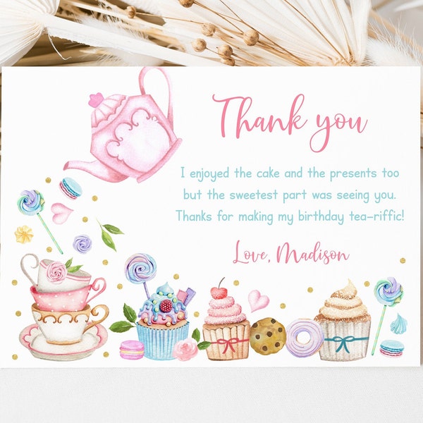 Editable Tea Party Birthday Thank You Card Let's Par-tea Pink Gold Floral Tea Party Cake Cupcake Cookie Digital Download A651