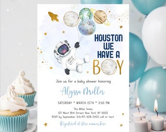 Editable Space Baby Shower Invitation Houston We Have A Boy Blue Gold Astronaut Galaxy Planets Outer Space Solar System Digital A606