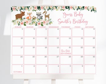 May include: A pink and white calendar with floral accents and woodland animal illustrations. The calendar is for guessing a baby's birthday. The text on the calendar says "Guess Baby Smith's Birthday". The due date is September.