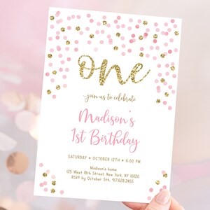Editable Pink and Gold First Birthday Invitation, Confetti 1st Birthday Invite, Pink Gold Glitter Dots, Girl First Birthday, Download A559 image 1