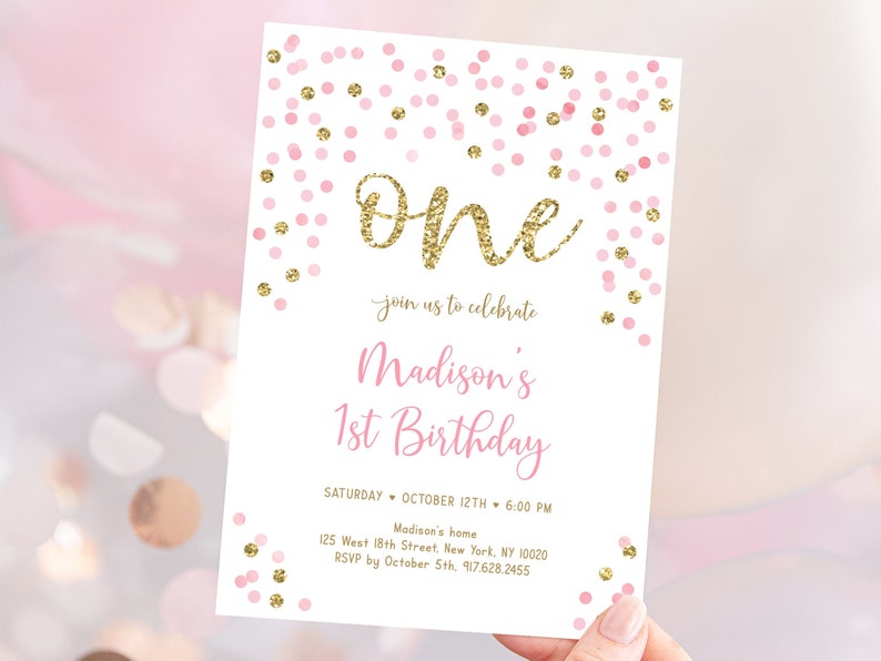 Editable Pink and Gold First Birthday Invitation, Confetti 1st Birthday Invite, Pink Gold Glitter Dots, Girl First Birthday, Download A559 image 1