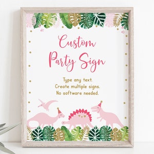 Editable Pink Dinosaur Birthday Sign, Pink & Gold Dinosaur, Girl Dinosaur, Dinosaur Safari, Tropical Dinosaur, Printable Table Sign A507