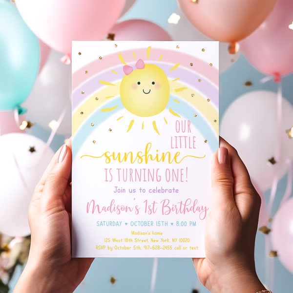 Editable Sunshine & Rainbow Birthday Invitation Girls Rainbow Party Pastel Rainbow Little Sunshine Printable Digital Instant Download A599