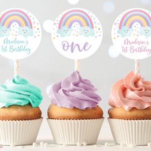 Editable Rainbow Cupcake Toppers Girls Rainbow Party Pastel Rainbow Clouds Rainbow Birthday Digital Printable Instant Download Corjl A549