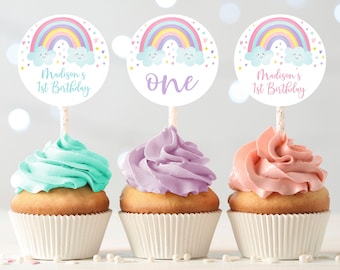 Editable Rainbow Cupcake Toppers Girls Rainbow Party Pastel Rainbow Clouds Rainbow Cumpleaños Digital Imprimible Descarga Instantánea Corjl A549