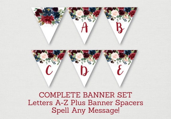 Burgundy & Navy Floral Baby Shower Banner / Floral Baby Shower / Fall Baby Shower / Letters A-Z / Printable INSTANT DOWNLOAD A467 Il_570xn