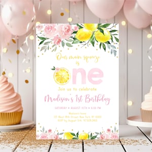 Editable Lemon First Birthday Invitation Main Squeeze is One Pink Lemonade Party Pink Gold Floral Girl Lemon Party Digital Download A613