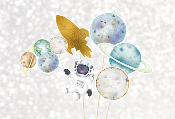 Space Birthday Centerpiece Cake Toppers Cut Outs Astronaut Outer Space Party Blue Gold Galaxy Planets Rocket Ship Digital Download A606 Il_570xn