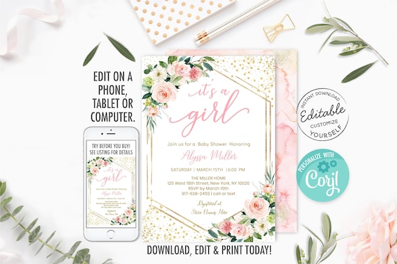 EDITABLE Floral Blush & Gold Baby Shower Invitation Pink Floral Baby Shower Girl Baby Shower Digital Printable Instant Download Corjl A492 Il_570xn