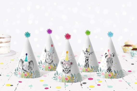 Pink Safari Printable Birthday Party Hats Party Animals Wild One Birthday Pink Gold Safari Girl Jungle Animals Digital Download A557 Il_570xn