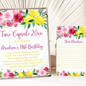 Bewerkbare citroen verjaardag tijd capsule teken, belangrijkste squeeze verjaardag, roze goud bloemen, limonade partij, meisje citroen partij, digitale download A734