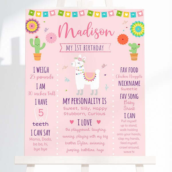 Editable Llama Birthday Milestone Poster, Llama First Birthday, Fiesta Birthday, Pink Llama, Cactus, Printable, Instant Download, Corjl A509