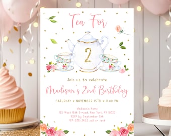 編集可能な二人のためのお茶会の誕生日招待状 女の子用 ピンクゴールド 花柄 ティーパーティー招待状 2歳の誕生日 デジタル印刷可能 すぐにダウンロード可能 A583
