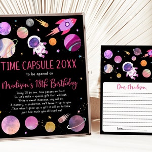 Editable Outer Space Birthday Time Capsule First Birthday Pink Girl Astronaut Galaxy Planets Stars Outer Space Party Printable Digital A654