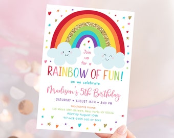 EDITABLE Rainbow Birthday Invitation Girls Rainbow Party Gold Rainbow Clouds Rainbow Of Fun Printable Digital Instant Download Corjl A530