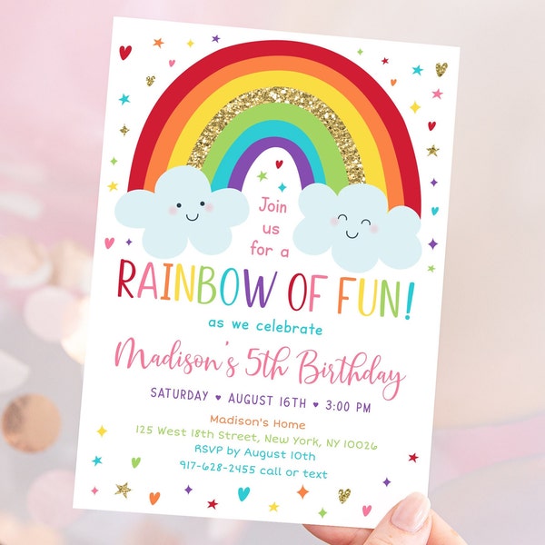 EDITABLE Rainbow Birthday Invitation Girls Rainbow Party Gold Rainbow Clouds Rainbow Of Fun Printable Digital Instant Download Corjl A530