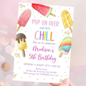 Editable Popsicle Birthday Invitation Rainbow Popsicle Birthday Invite Girl Popsicle Party Ice Cream Pink Gold Pop On Over Digital A619